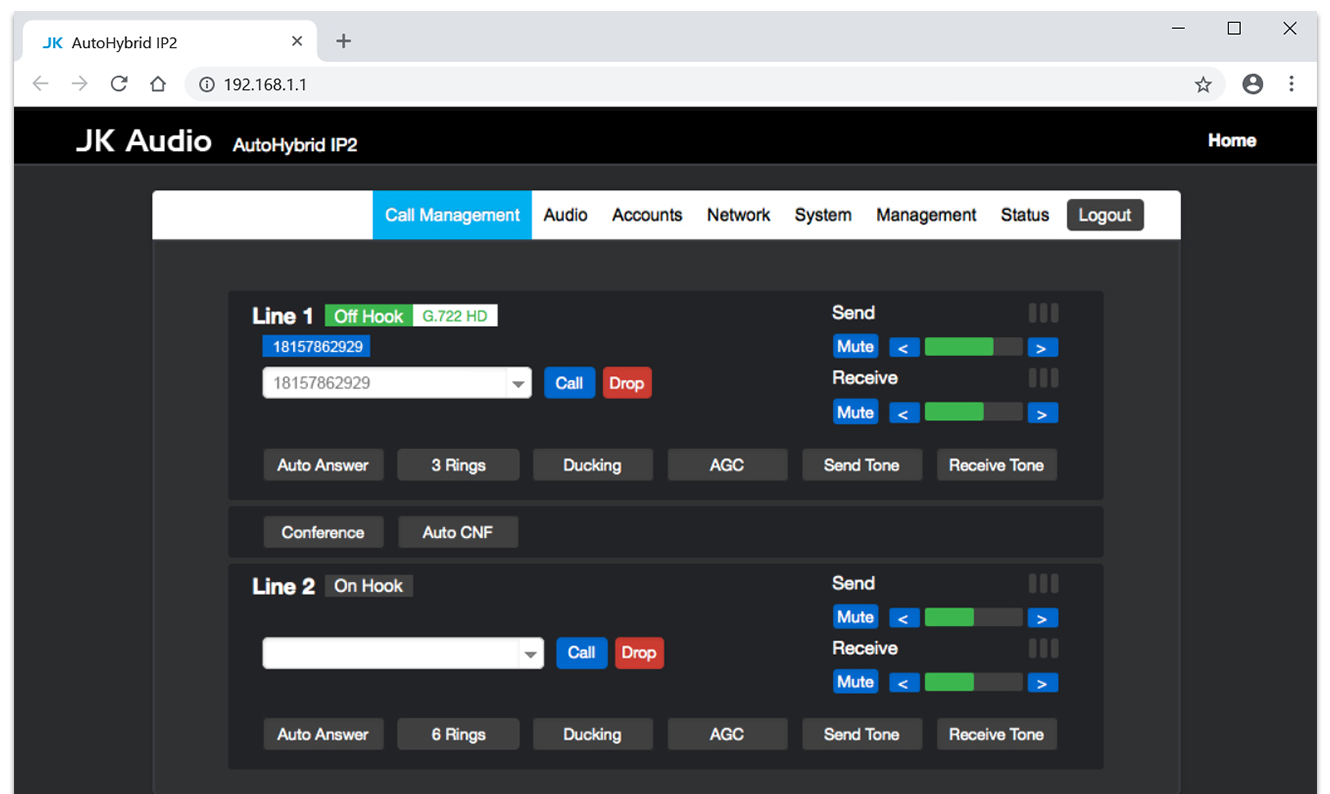 JK Audio AutoHybrid IP2 Web Browser User Interface